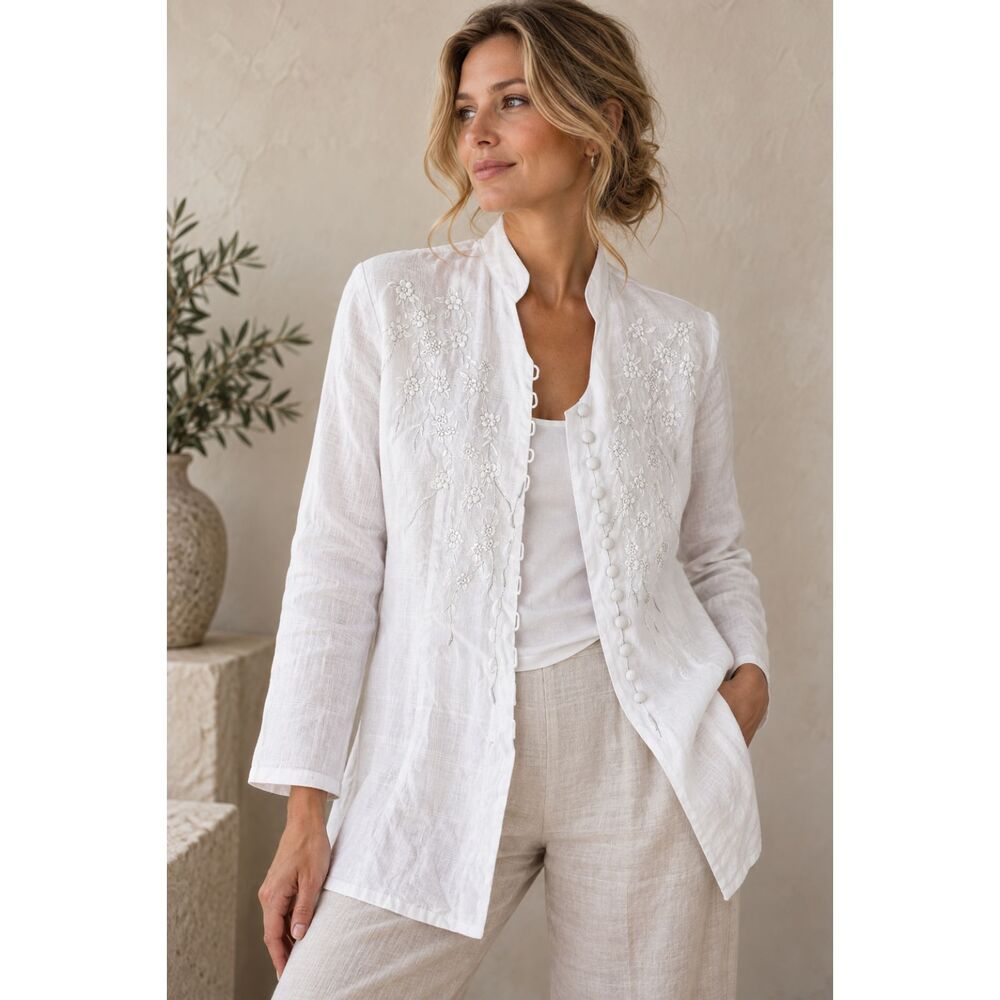 Purple Linen 100% Linen Embroidered Tunic Jacket Blouse White Size S Women’s